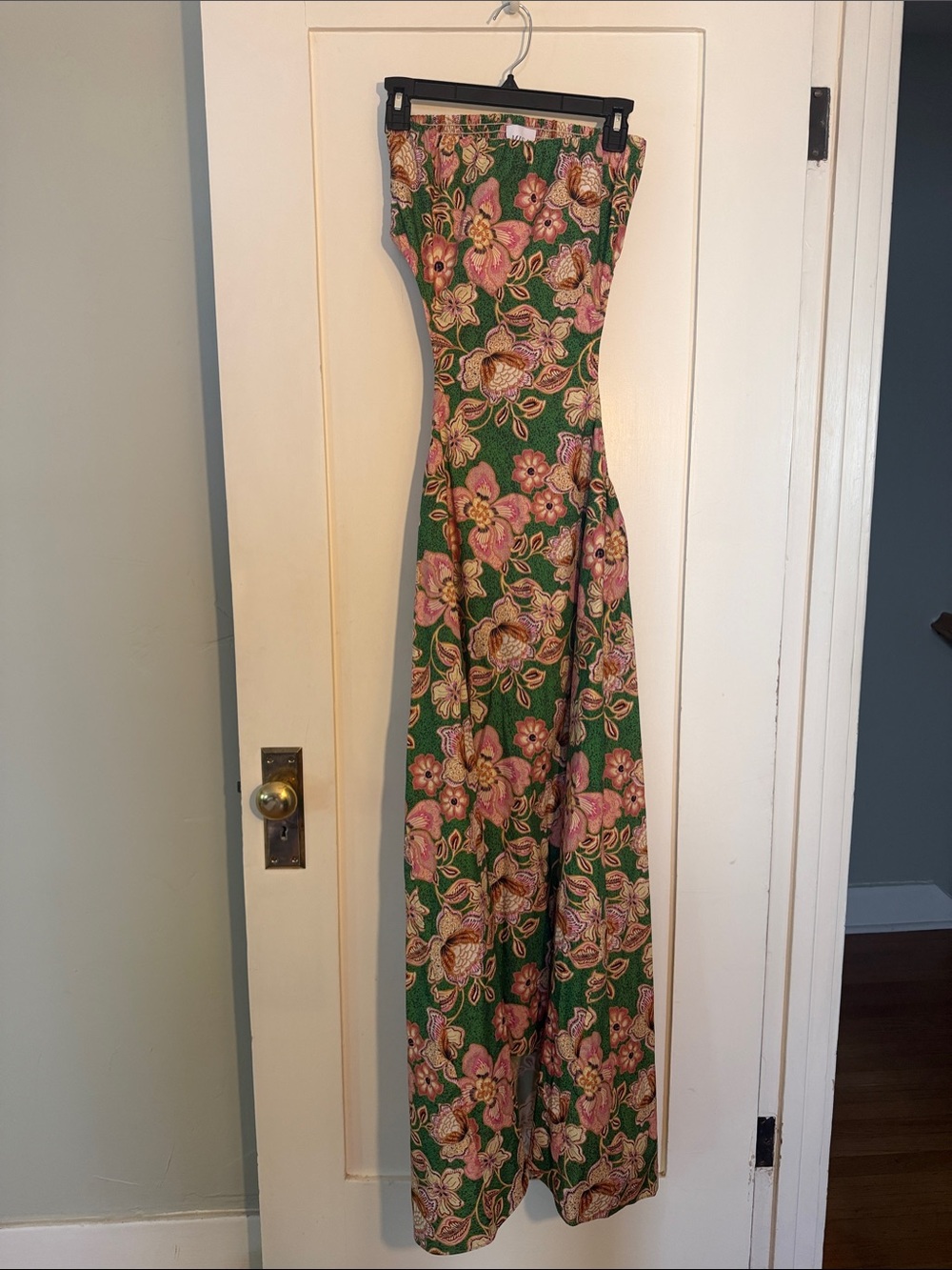 Misa Los Angeles Green Strapless Floral Maxi Dress with Pink Blooms